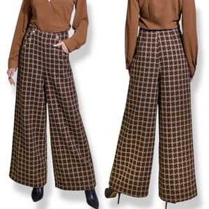 NEW Flying Tomato High Waist Wide Leg Pants Size L Brown Tweed Gold Buttons Fall